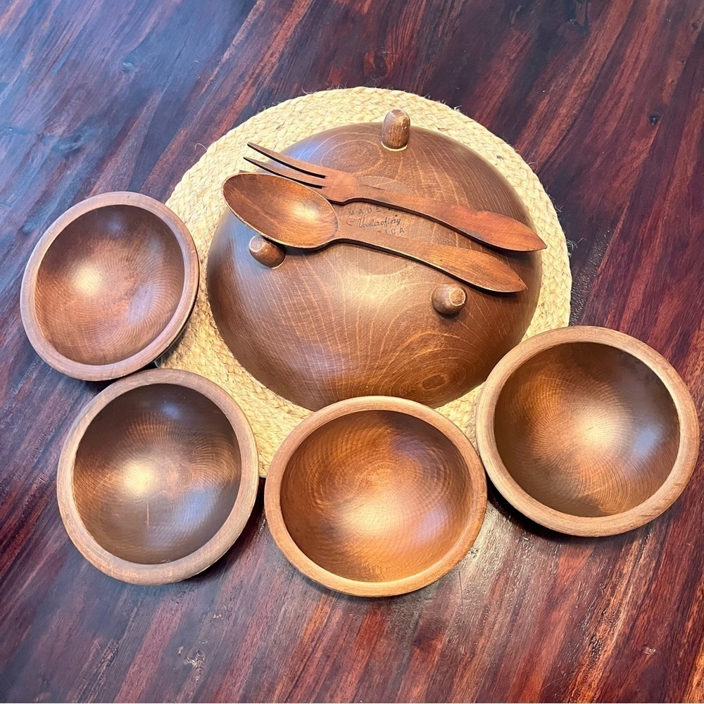 Vintage Woodcroftery Rustic Brown Wooden Salad Bowls Serve Ware Set Fork Spoon